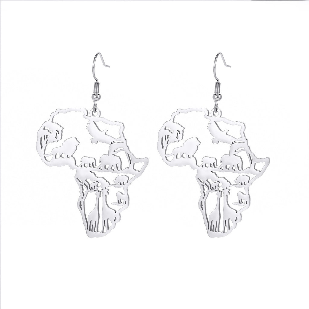 African Map Tassel Earrings | Elephant & Giraffe Stainless Steel