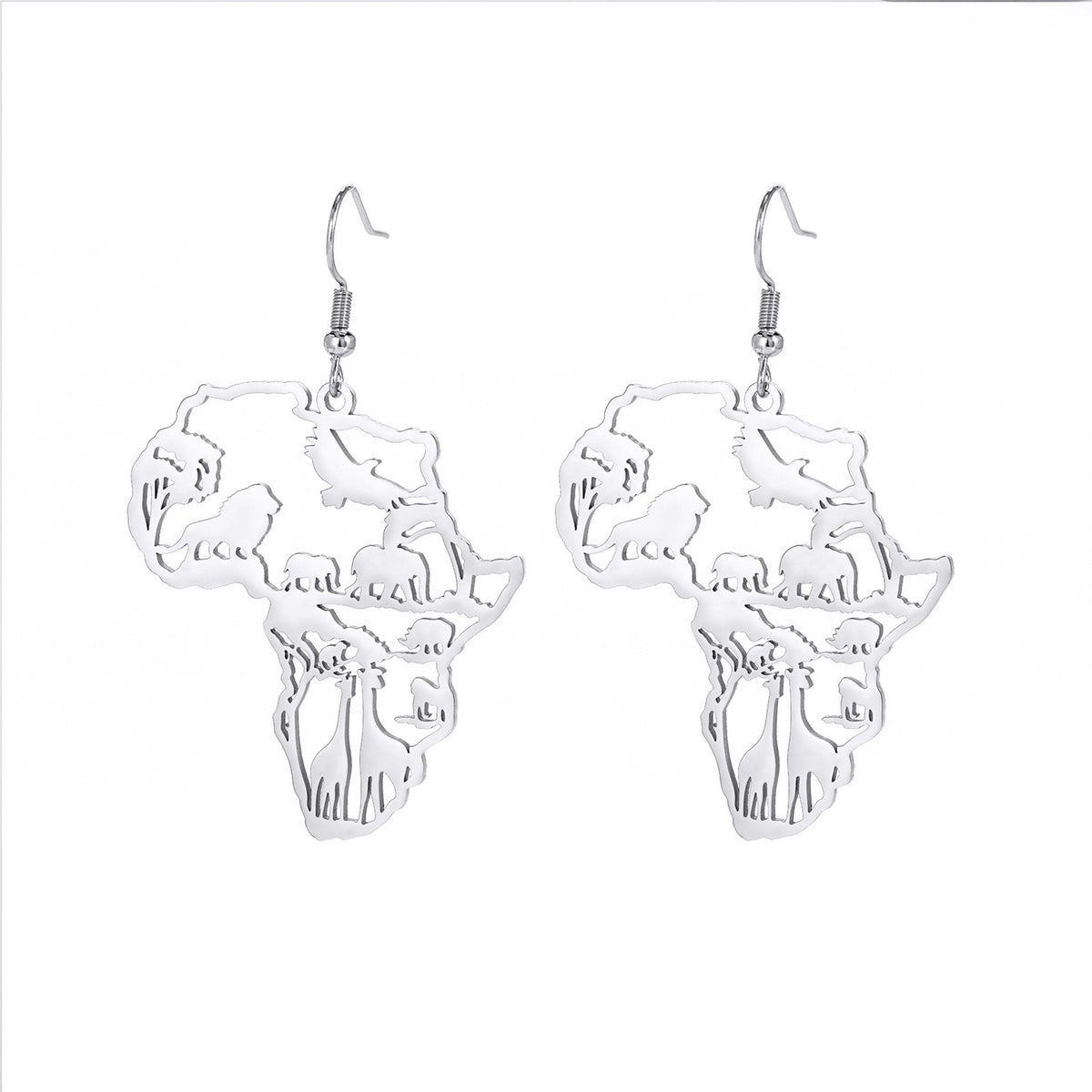 African Map Tassel Earrings | Elephant & Giraffe Stainless Steel