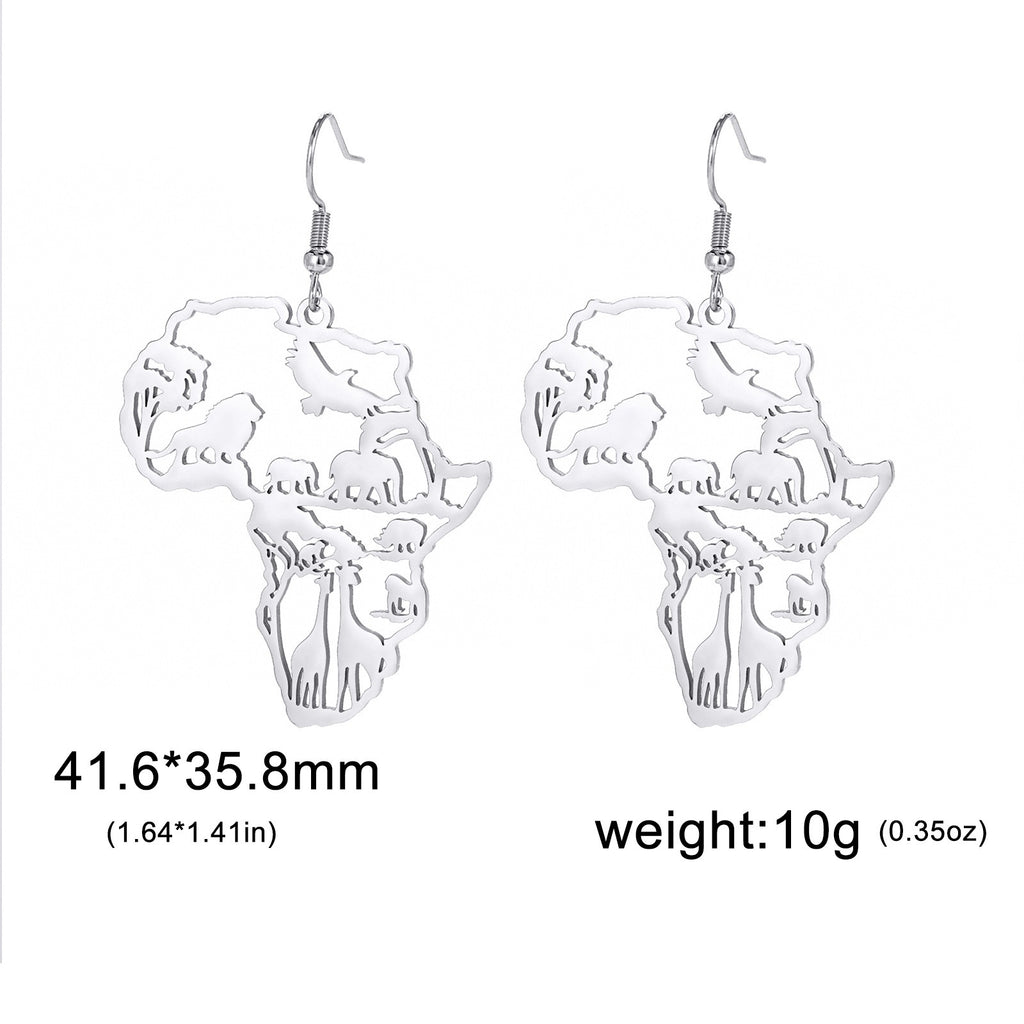 African Map Tassel Earrings | Elephant & Giraffe Stainless Steel