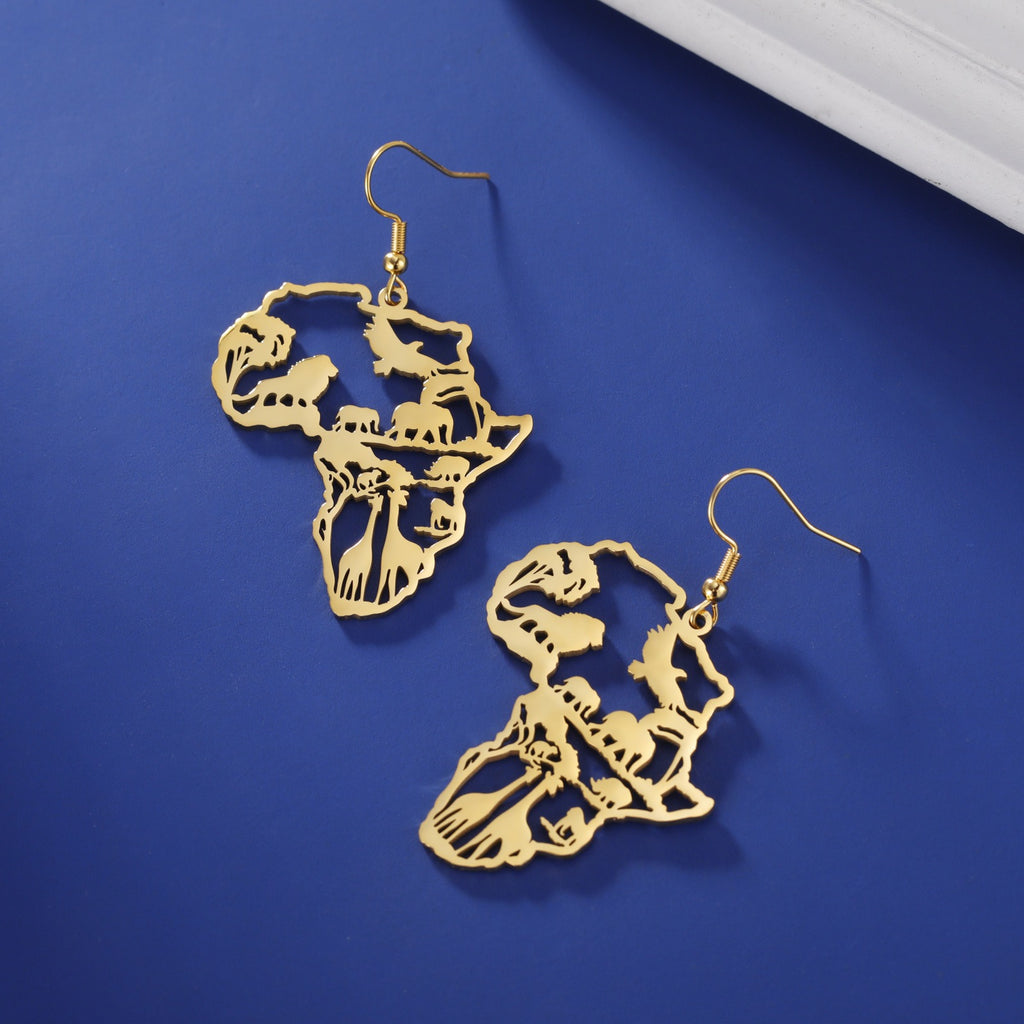 African Map Tassel Earrings | Elephant & Giraffe Stainless Steel