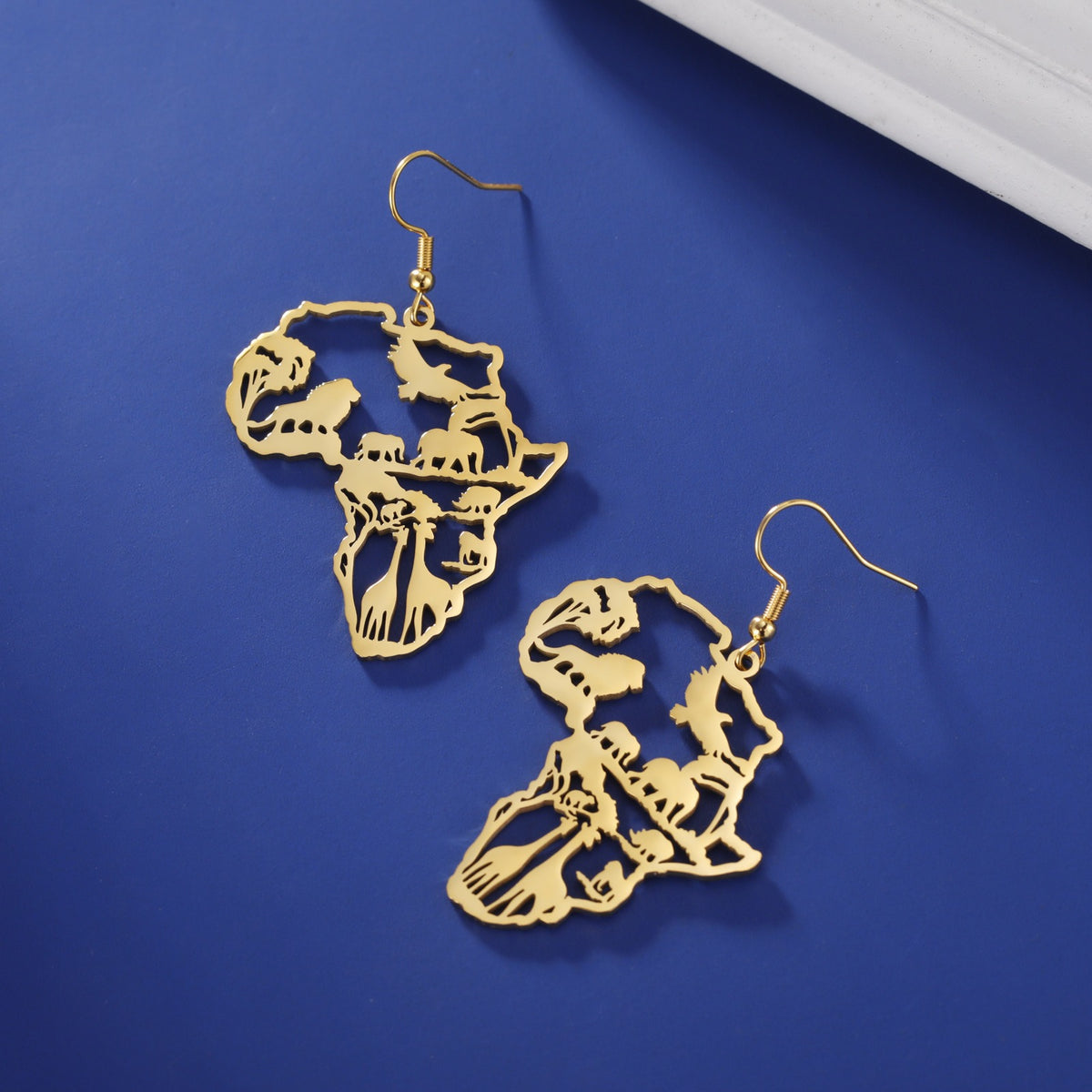 African Map Tassel Earrings | Elephant & Giraffe Stainless Steel