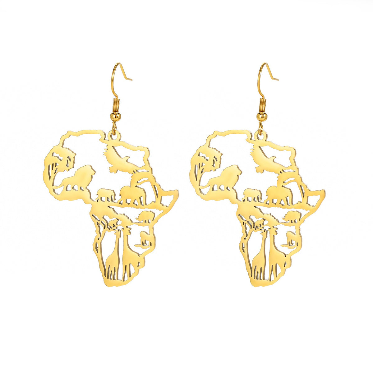 African Map Tassel Earrings | Elephant & Giraffe Stainless Steel