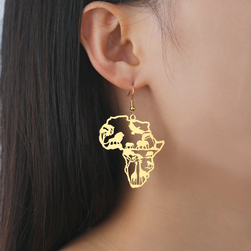 African Map Tassel Earrings | Elephant & Giraffe Stainless Steel