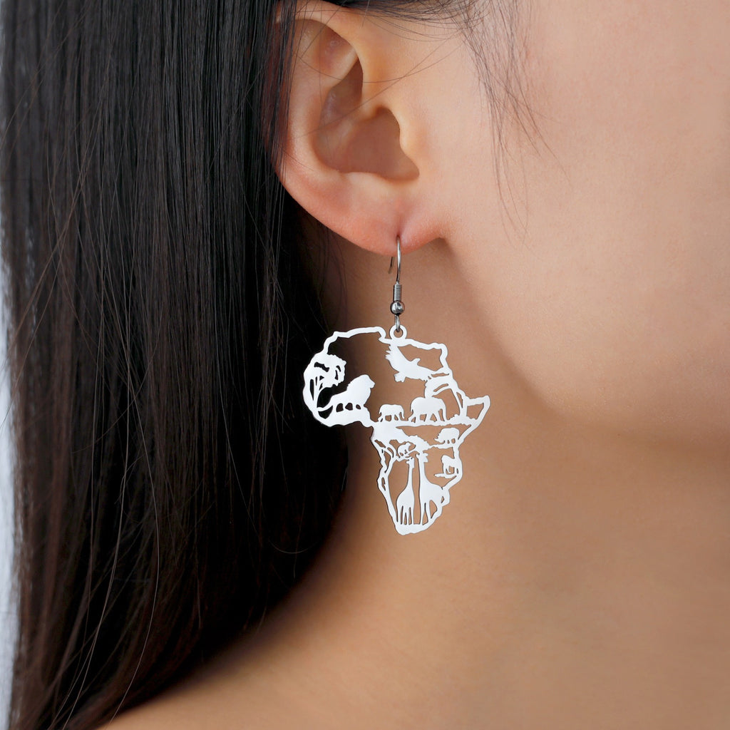 African Map Tassel Earrings | Elephant & Giraffe Stainless Steel